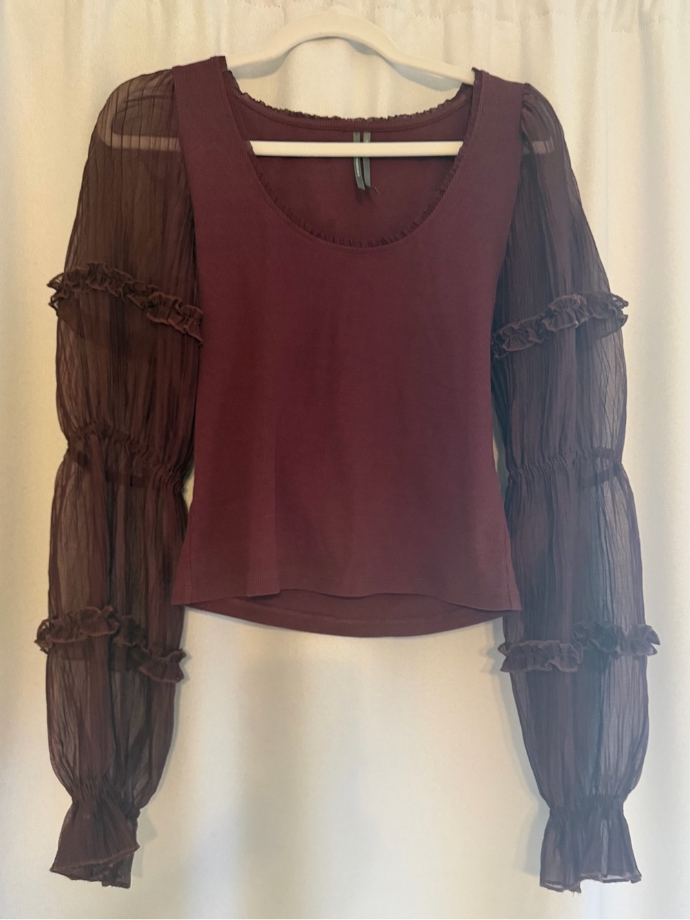 Anthropologie Sheer Sleeve Burgundy Women’s Top